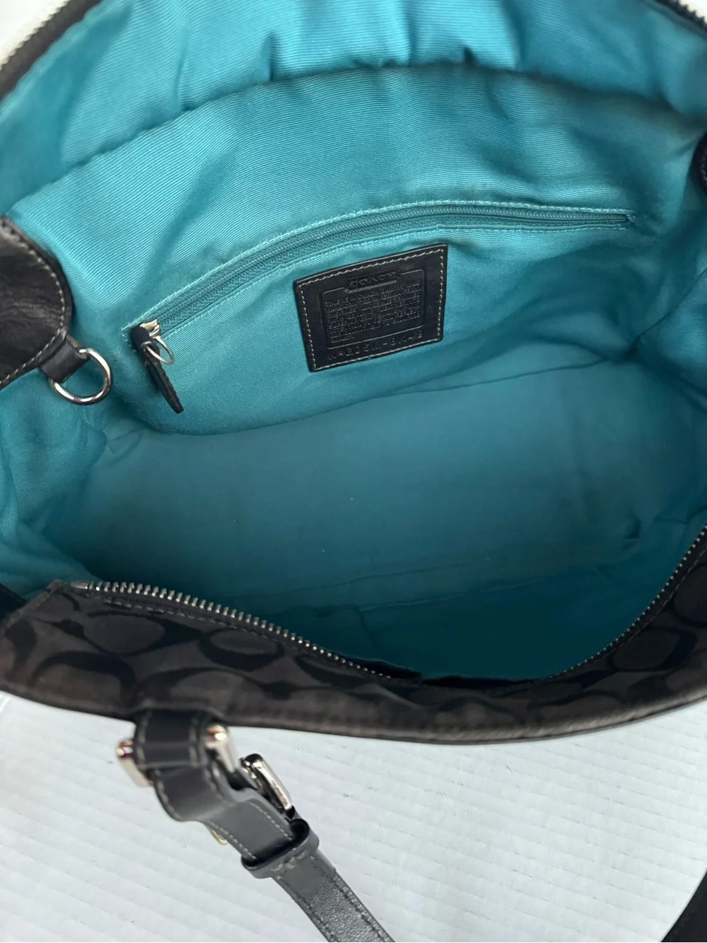 Coach Signature Gallery Tote 8K49 Black Jacquard with Turquoise Trim